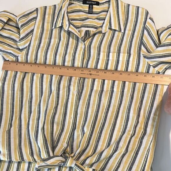 Ellen Tracy Linen Front Tie Button Down Collar Stripe Top Women's Size L - Picture 7 of 16